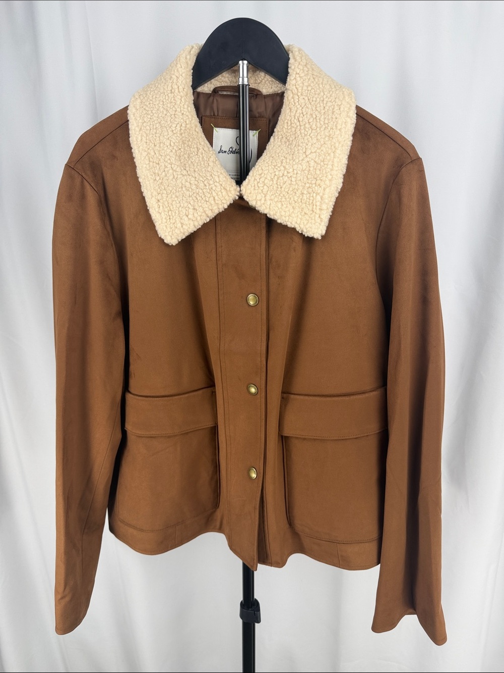 NWT Sam Edelman Brown Faux Leather Jacket with Cream Sherpa Collar